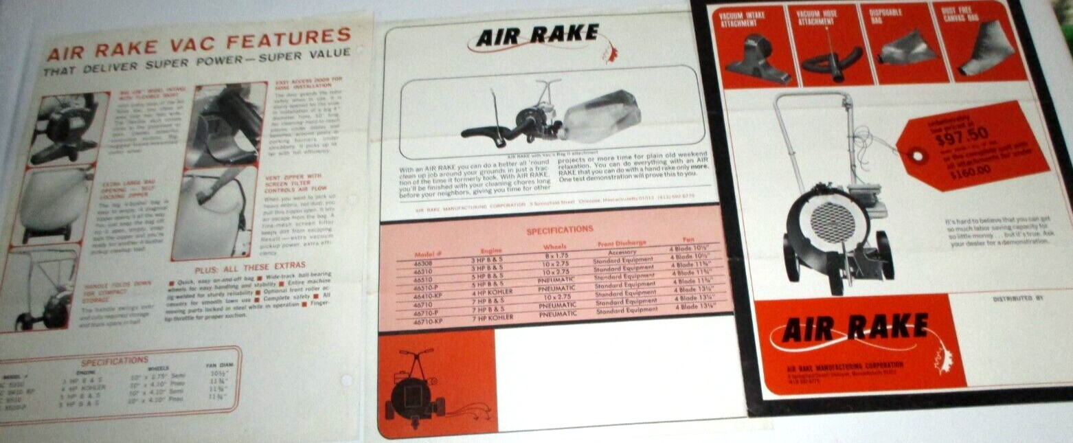 LOT OF 3 AIR RAKE SALES BROCHURES Vacuum & Air Rake literature advertising