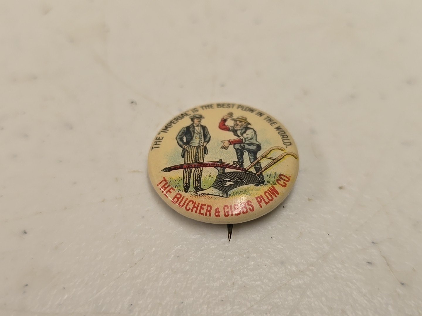 Antique 7/8&Prime; Bucher & Gibbs Imperial Plow Advertising Celluloid Pinback