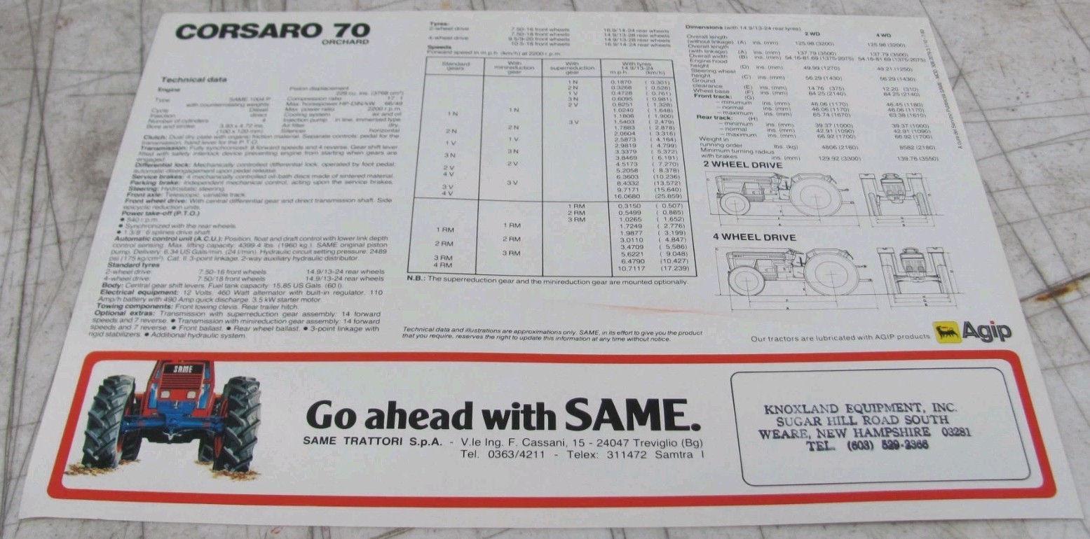1983 SAME Corsaro 70 Orchard Tractor Sales Flyer 308.2079.3.1/10 – 7/83
