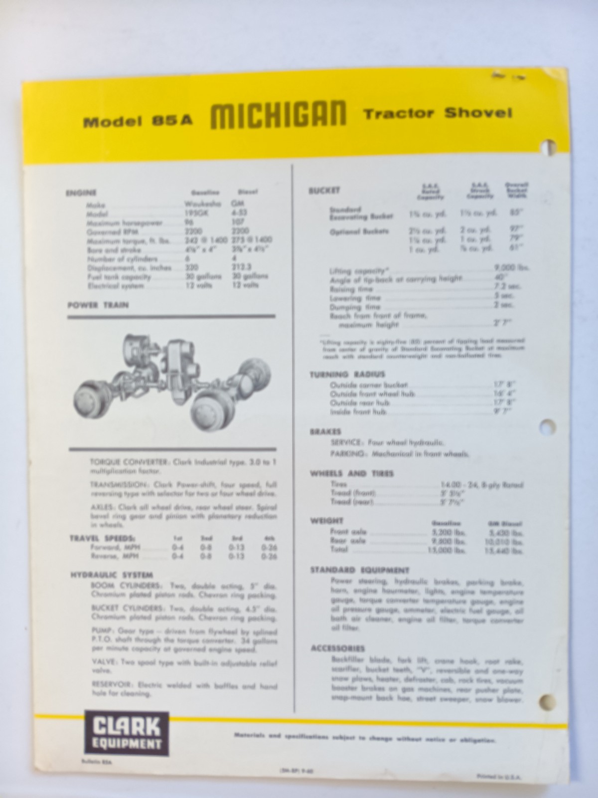Clark Michigan Model 85A Tractor Shovels Wheel Loaders Sales Flyer