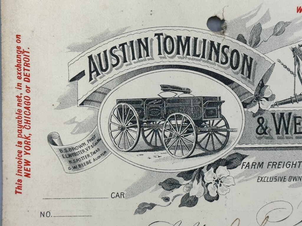 1889 AUSTIN TOMLINSON WEBSTER Antique FARM WAGON Advertising Billhead JACKSON MI