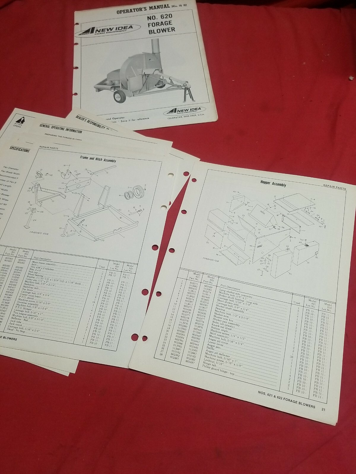 VINTAGE New Idea 620, 621, 622 FORAGE BLOWER PARTS OPERATORS MANUALS