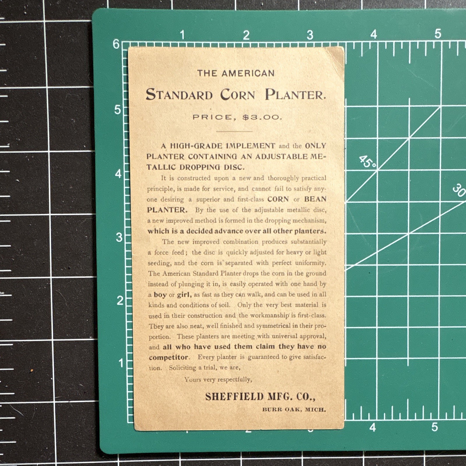 Sheffield Mfg. Co. American Standard Corn Planter Trade Card