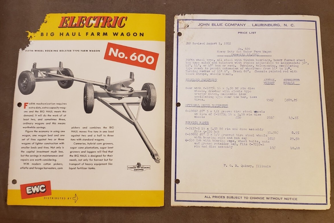VINTAGE 1950s Electric Timken Bearing Farm Wagon Advertising Literature Brochure