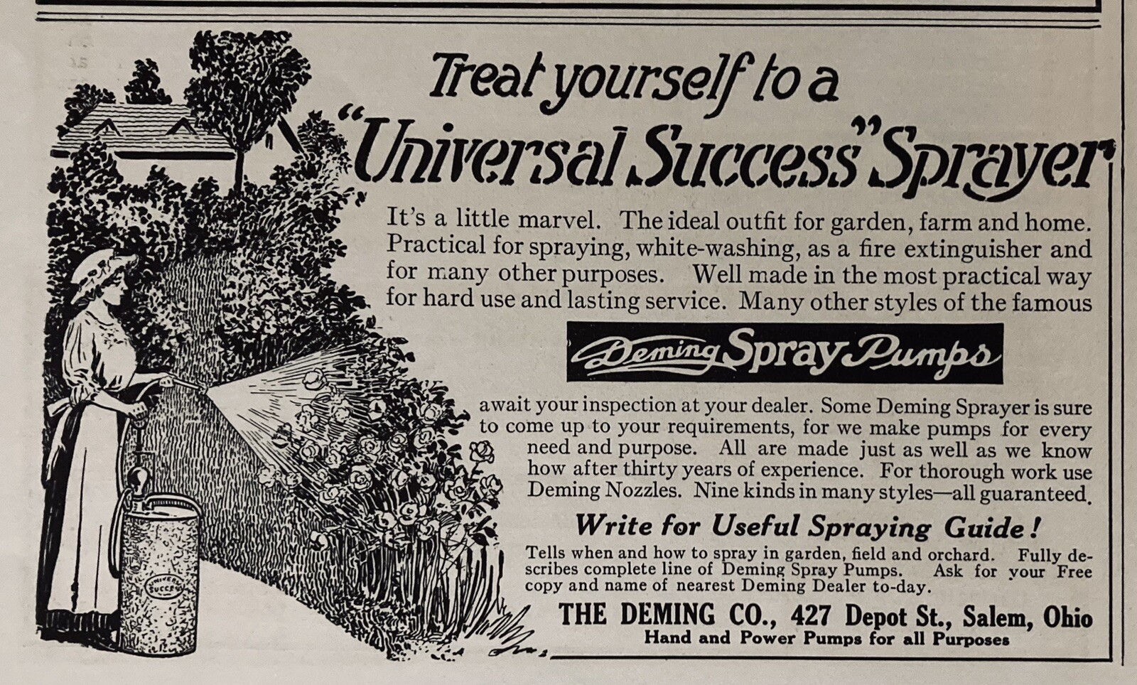 1914 AD.(XH69)~THE DEMING CO. SALEM, OHIO. “UNIVERSAL SUCCESS” GARDEN SPRAYER