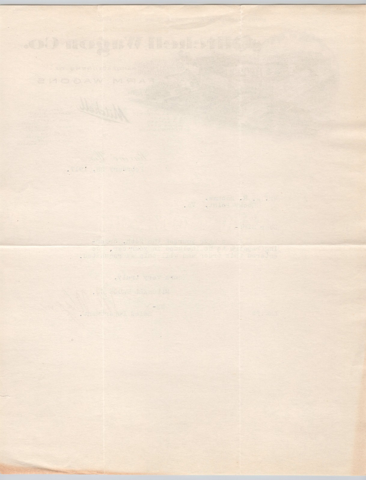 1917 Mitchell Wagon Co Racine WI Farm Wagons Illustrated Letterhead BH1-28