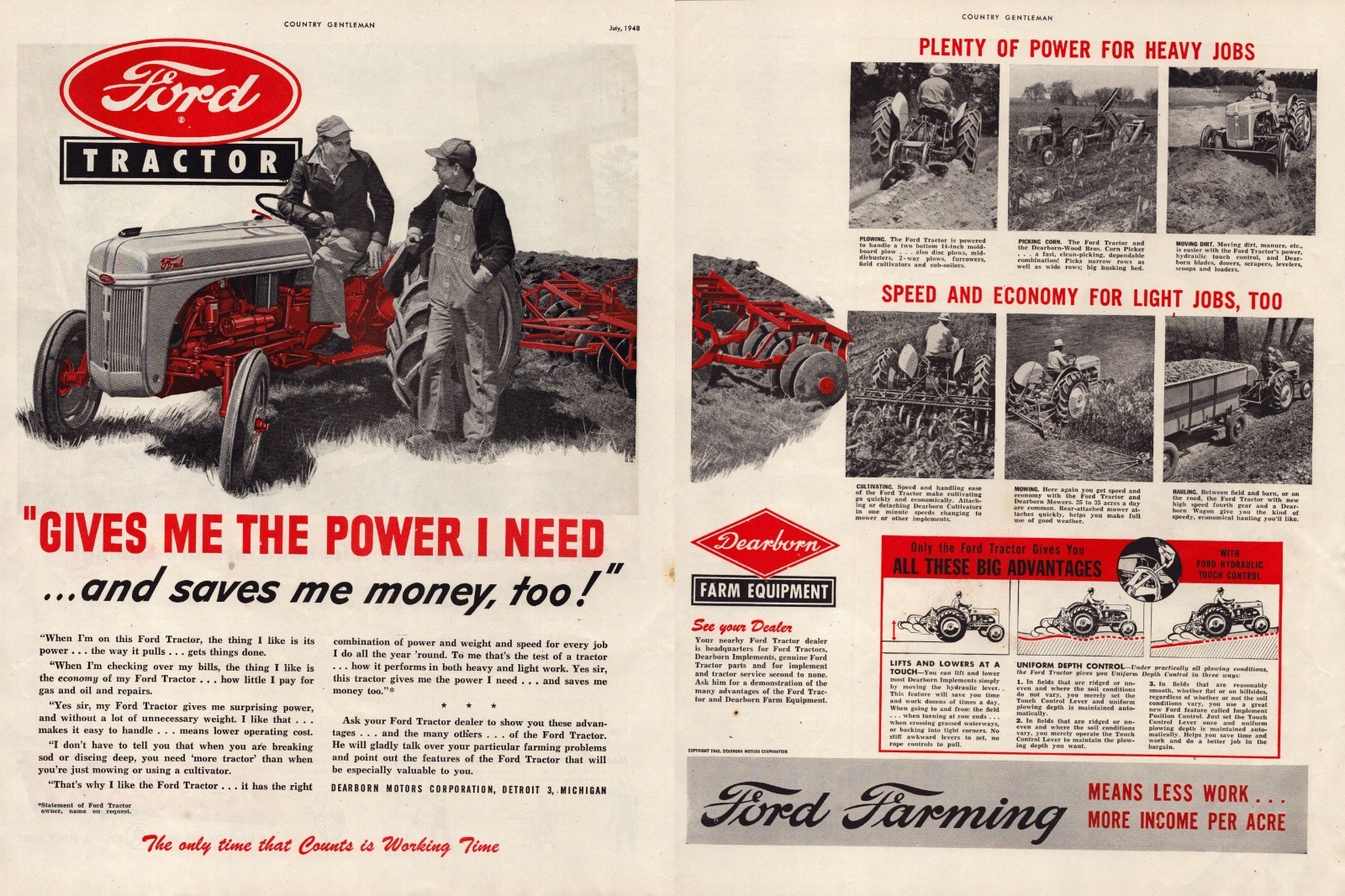 1948 Ford Tractor Farm Equipment Dearborn Michigan 40&rsquo;s Vintage 2-Page Print Ad
