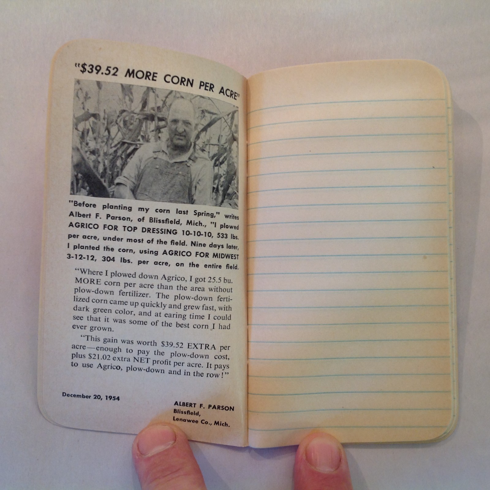 Vintage 1954 Agrico Fertilizer Memo Book Advert Michigan Farmer Testimonials MI