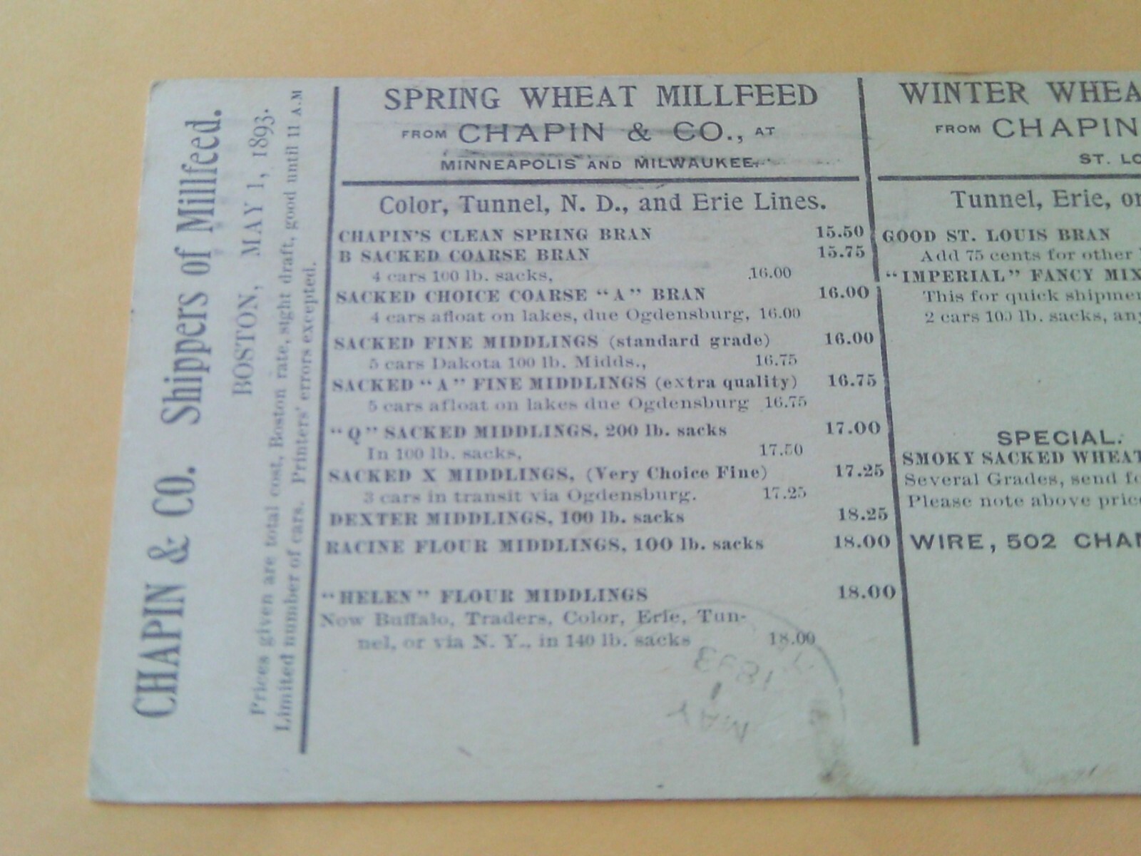 RARE 1893 POSTCARD CHAPIN WHEAT MILL FEED BOSTON MINNEAPOLIS ST LOUIS MILWAUKEE