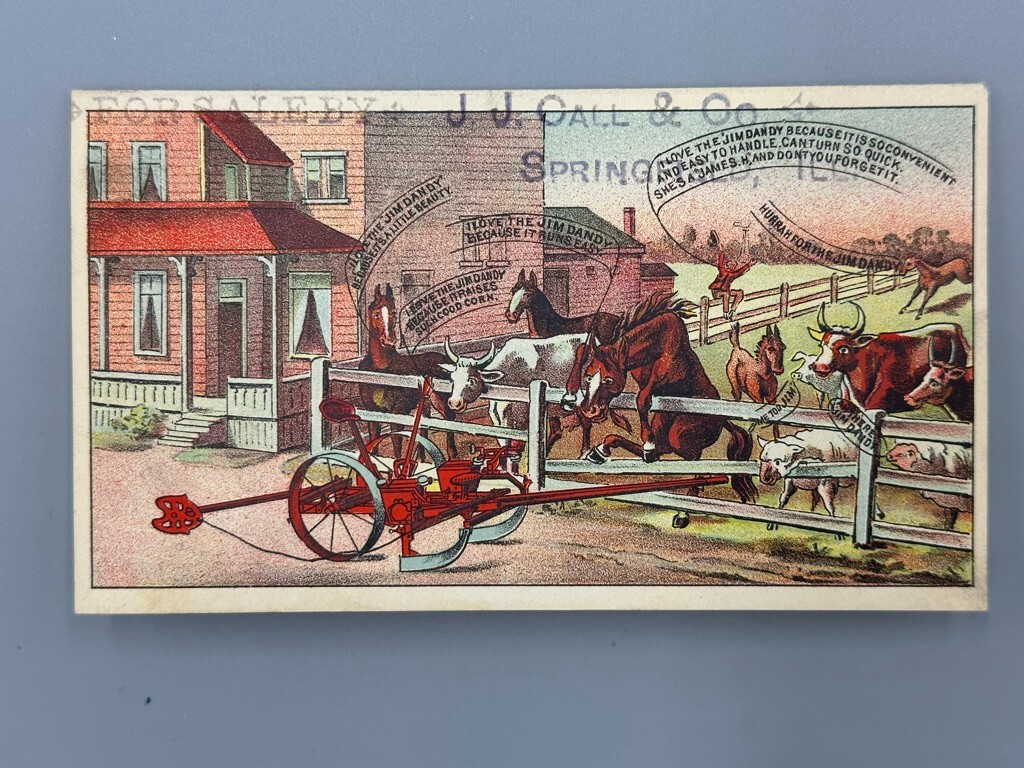1880s JIM DANDY Tait FARM MACHINERY Advertising Folding Trade Card DECATUR Ill