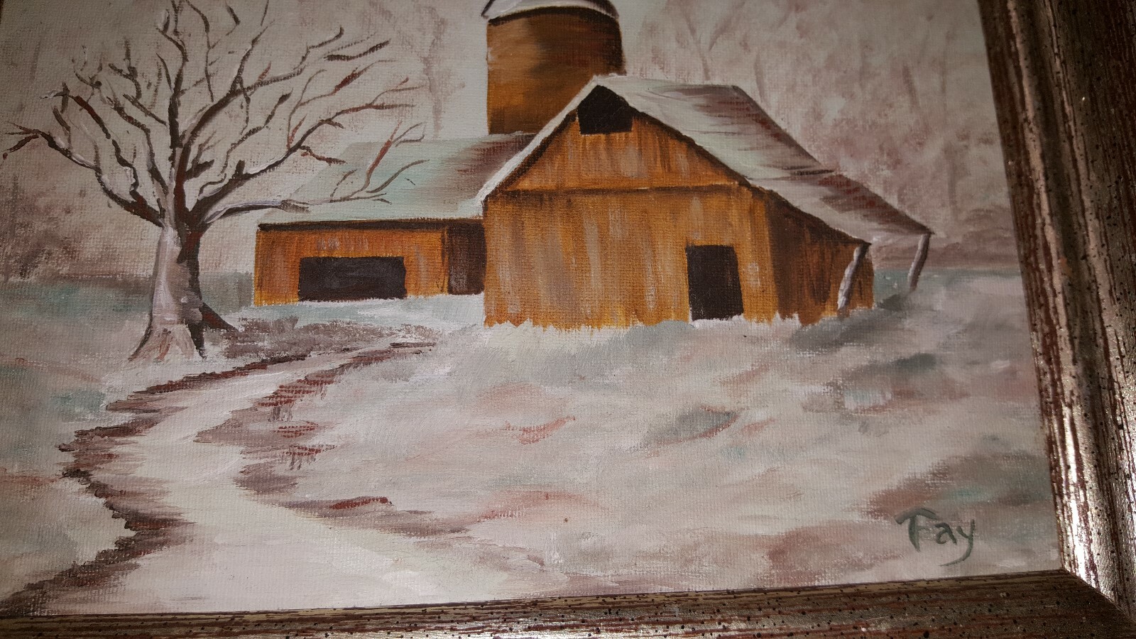 SIGNED PAINTING « FAY » OIL ON CANVAS IN FRAME FARM, BARN, MILL SCENE LOOK! WINTER