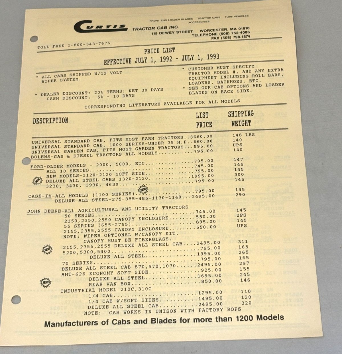 Curtis Tractor Cab Dealer Brochure Lot 1992 1993 Price List Accessories Catalog