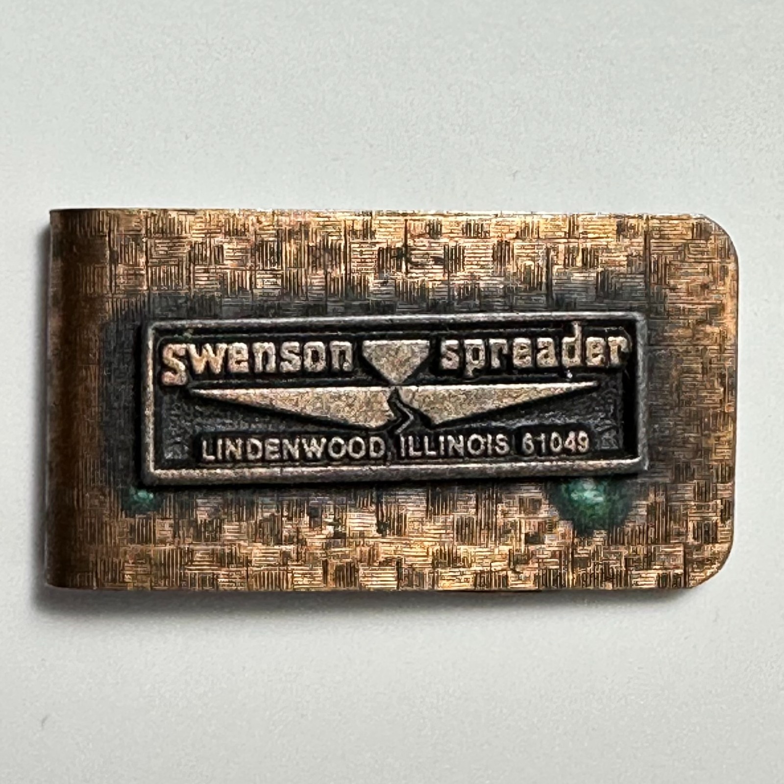 Swanson Spreader Lindenwood IL 1960s Copper Money Clip 1×1.75&Prime;