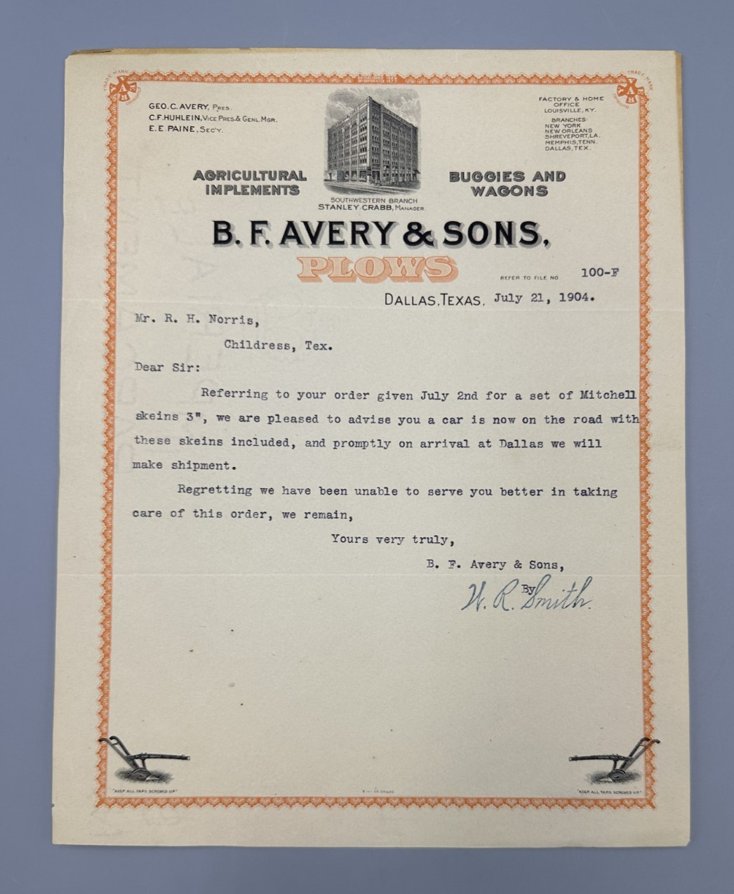 1904 B F AVERY & Sons PLOWS Letter DALLAS Texas FARM Advertising Receipt Antique