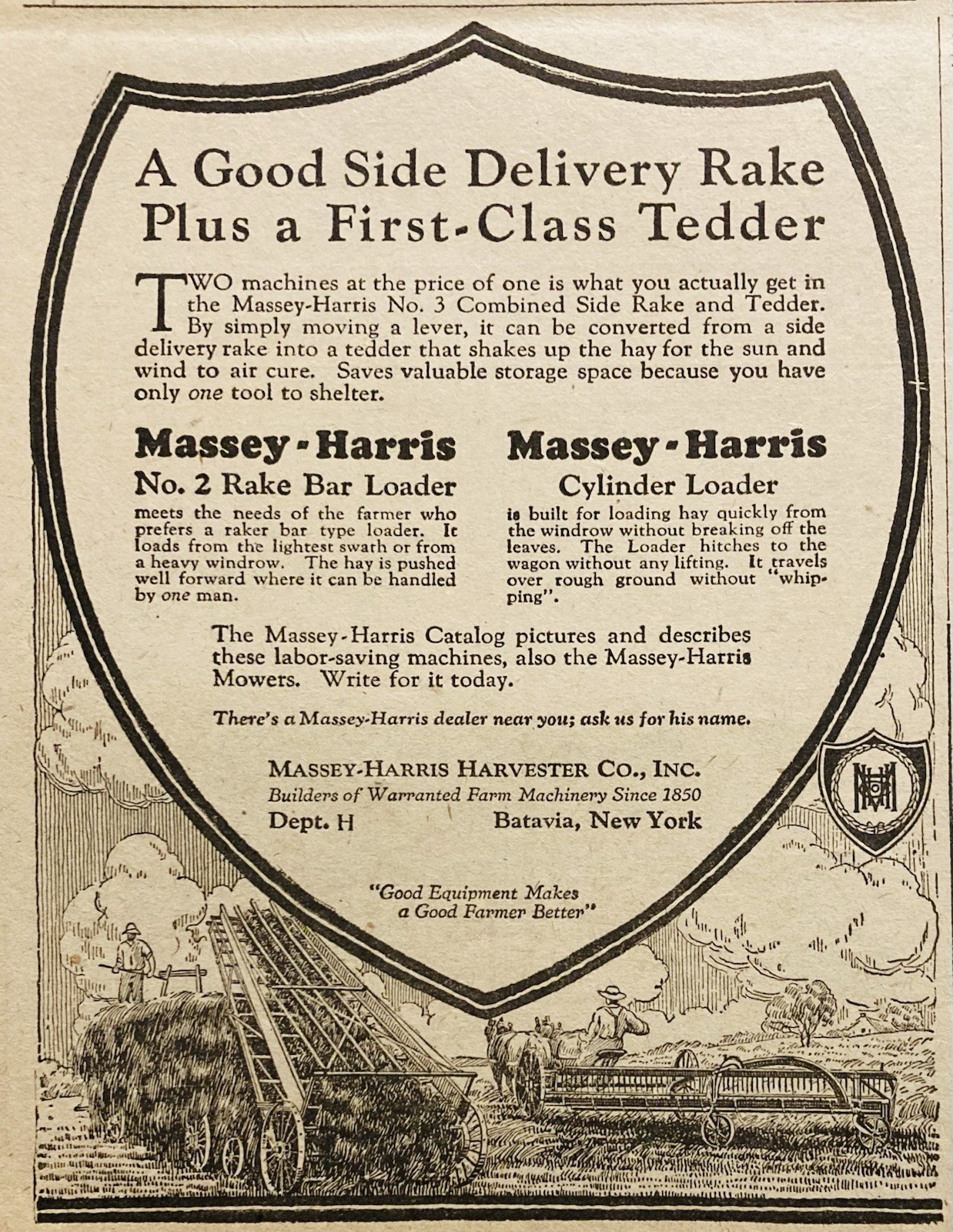 1919 AD.(PC9)~MASSEY-HARRIS HARVESTER CO. BATAVIA, NY. M-H SIDE RAKE & TEDDER