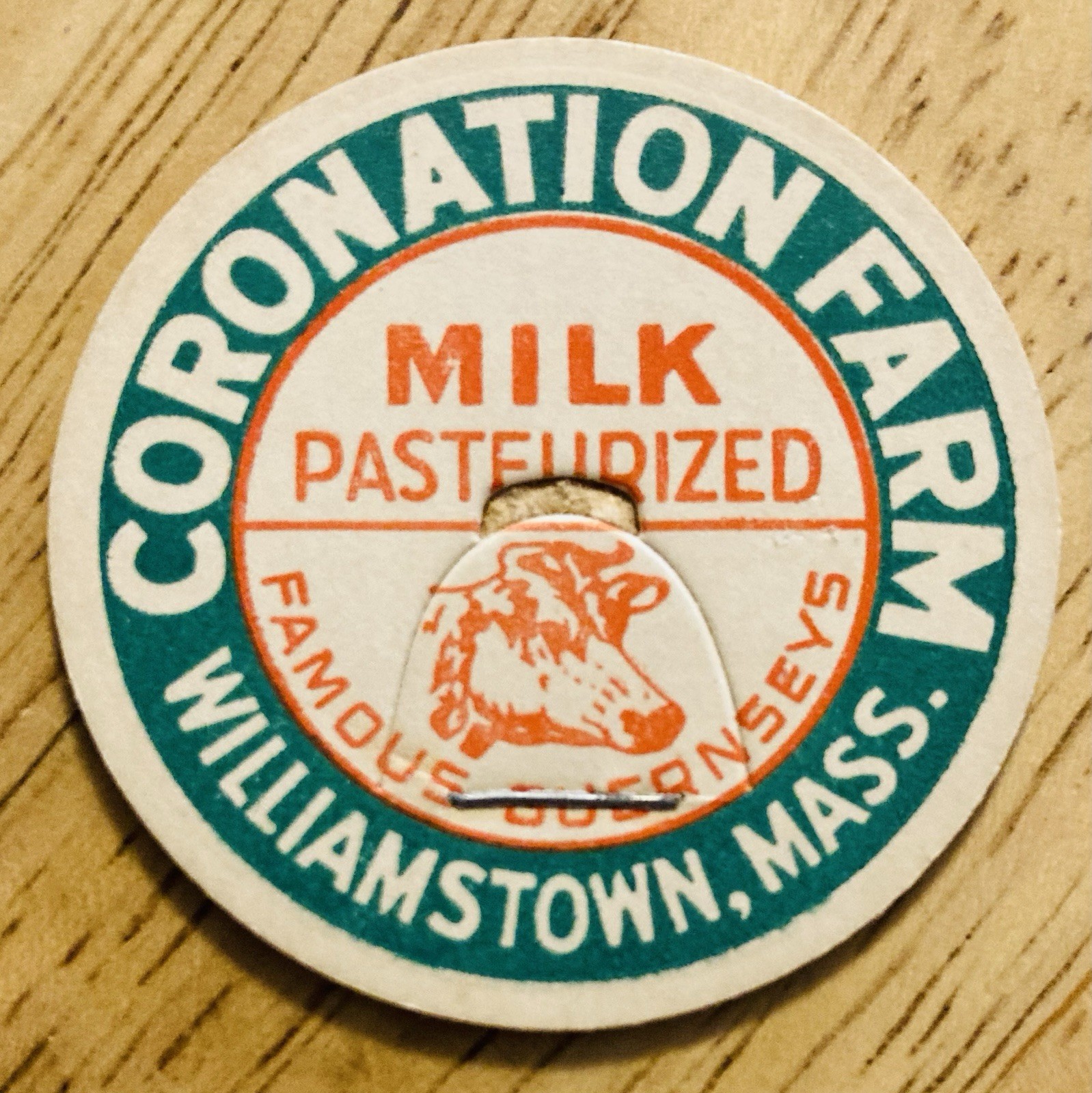 MILK BOTTLE CAP~CORONATION DAIRY FARM, WILLIAMSTOWN, MASS.