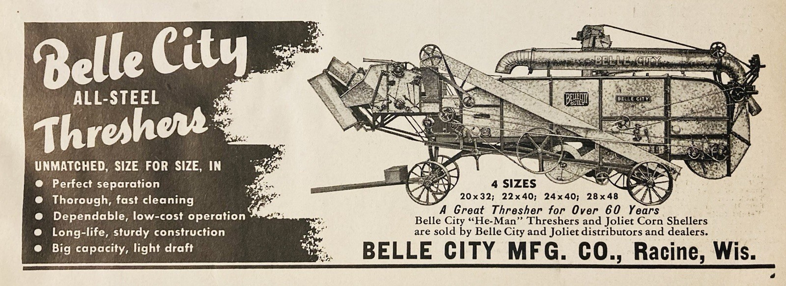1944 AD.(PC5)~BELLE CITY MFG. CO. RACINE, WIS. BELLE CITY ALL-STEEL THRESHERS