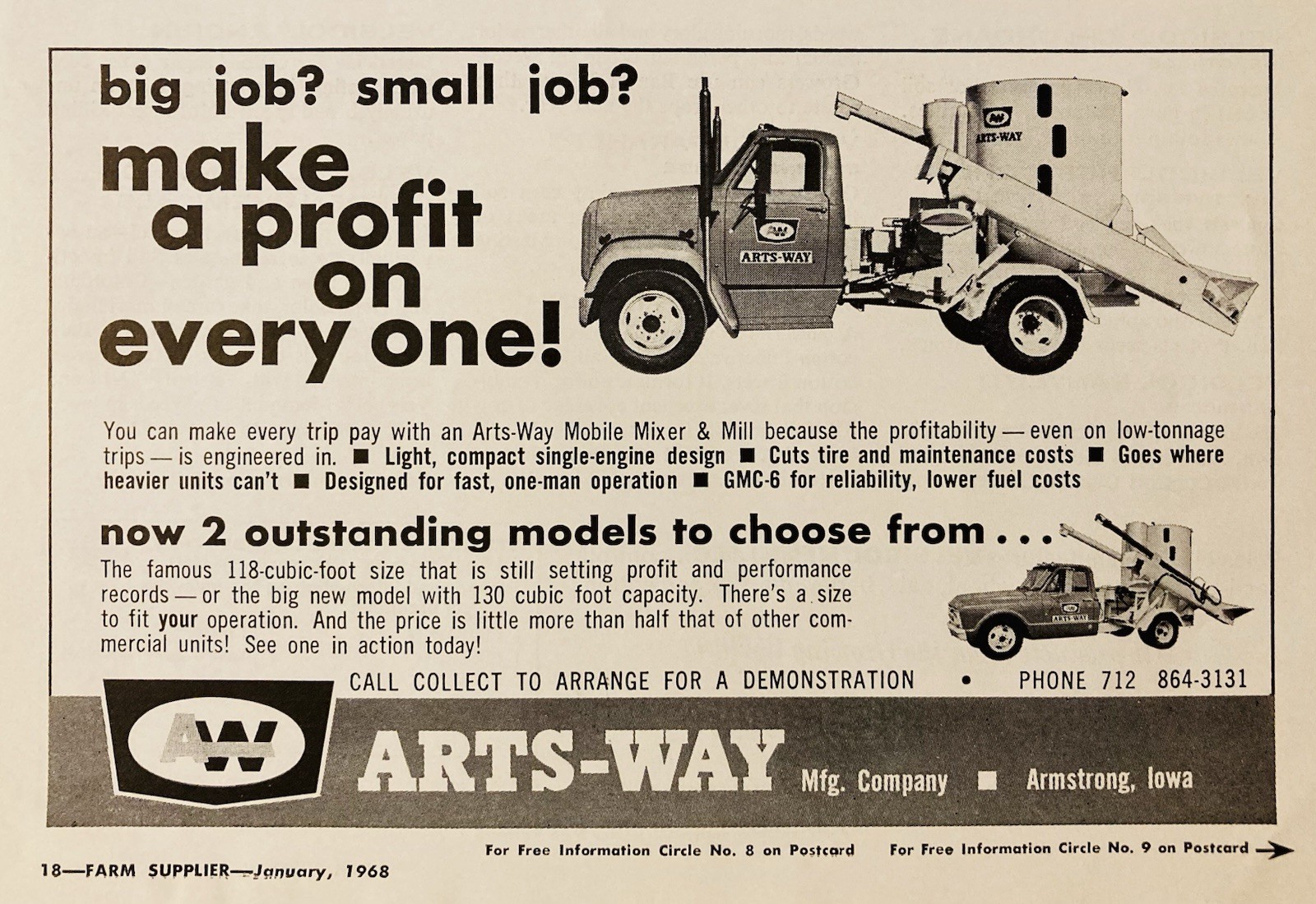 1968 AD.(XH85)~ARTS-WAY MFG. CO. ARMSTRONG, IOWA. ARTS-WAY MOBILE MIXER