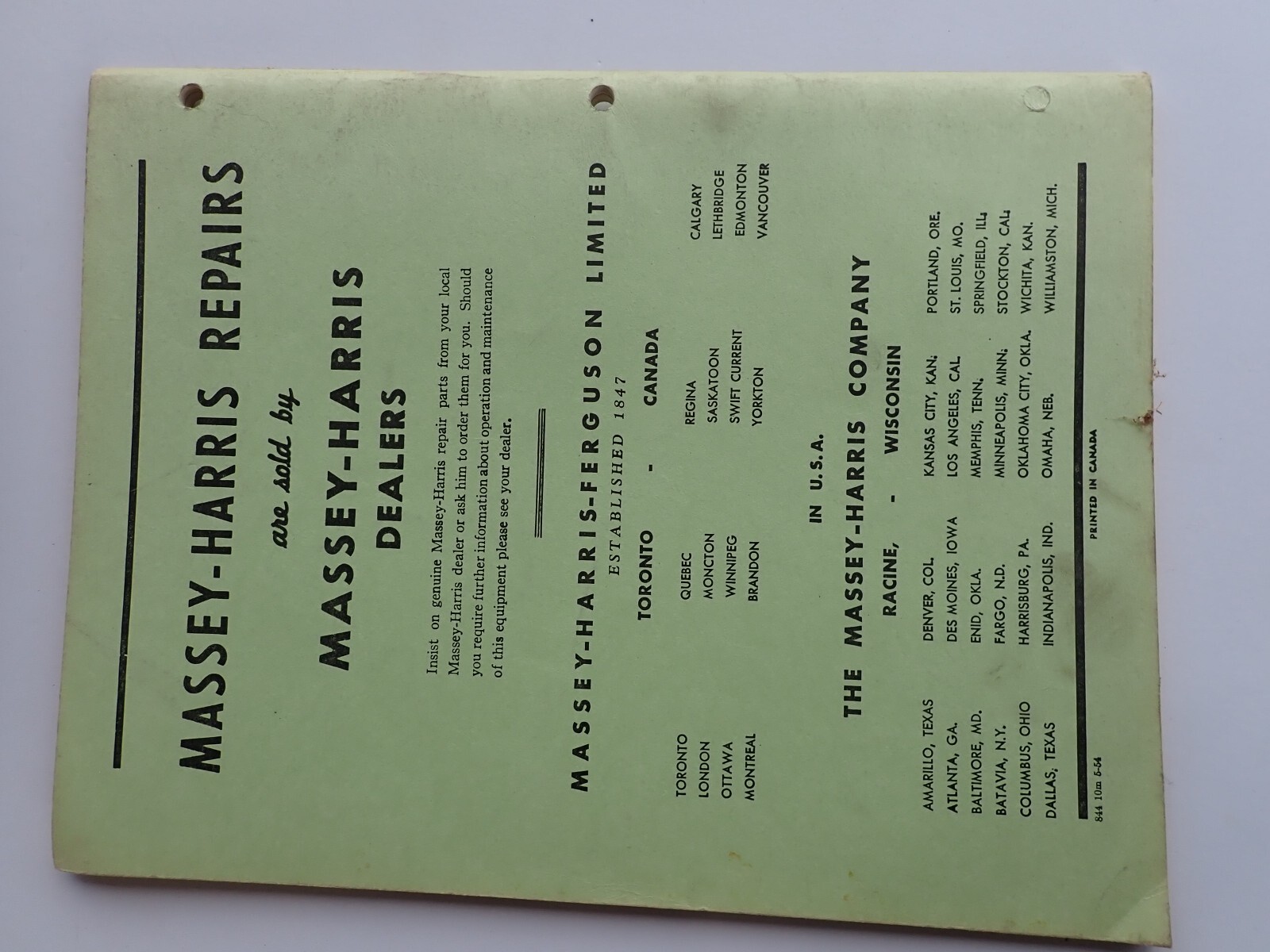 Original 1951 – 1954 Massey-Harris No 1 Hay Baler Repair / Parts Catalog !