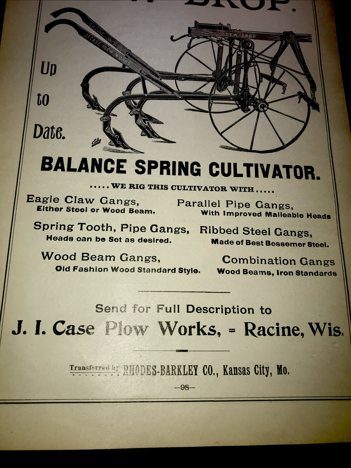 1898 Case Plow Works Dew Drop Farm Advertising – Racine – Wisconsin Kansas City