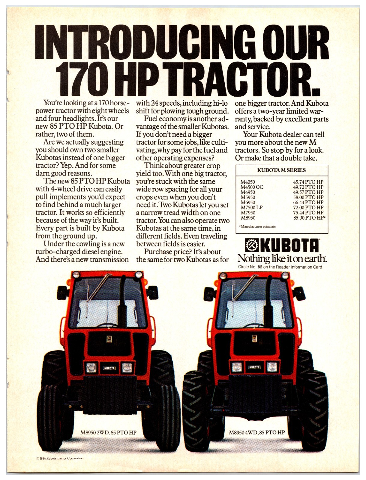 1984 Kubota M8950 Tractors Original Print Ad (8in x 11in) Advertisement