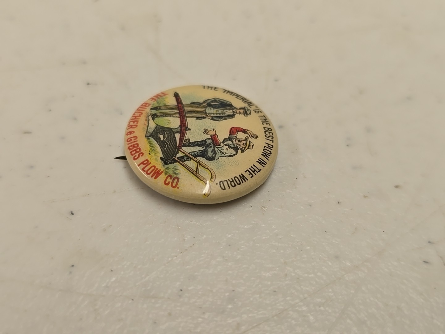Antique 7/8&Prime; Bucher & Gibbs Imperial Plow Advertising Celluloid Pinback