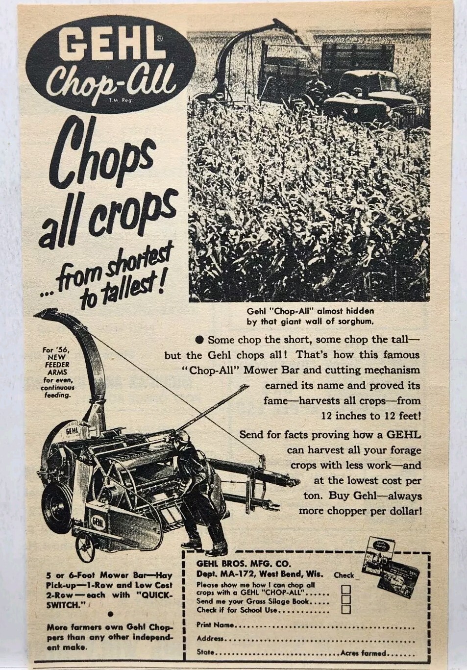 1956 Gehl Chop All Mower Bar Farm Farming MCM Original Print Ad West Bend WI 50s