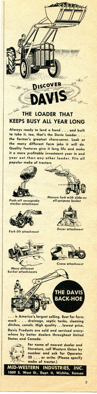 1957 small Print Ad of Mid Western Industries Inc The Davis Tractor Loader