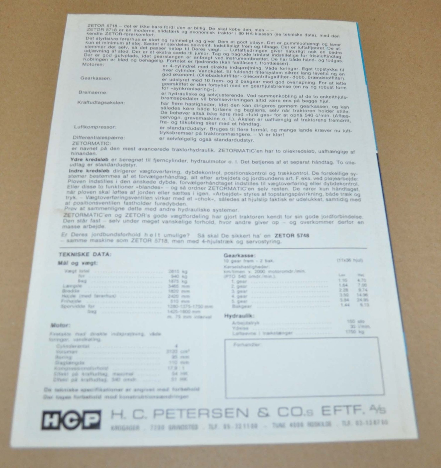 Zetor 5718 Tractor Specification Brochure Prospekt DK