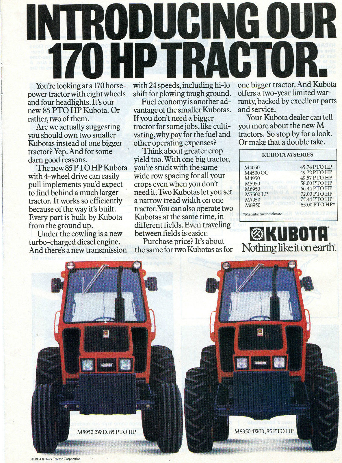 1984 Print Ad of Kubota M8950 2WD & 4WD Farm Tractor