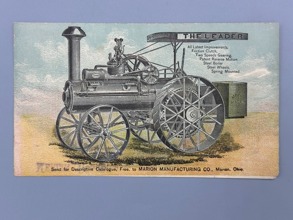 1888 MARION Ohio Leader THRESHING ENGINE Victorian FARM Advertising Trade Card