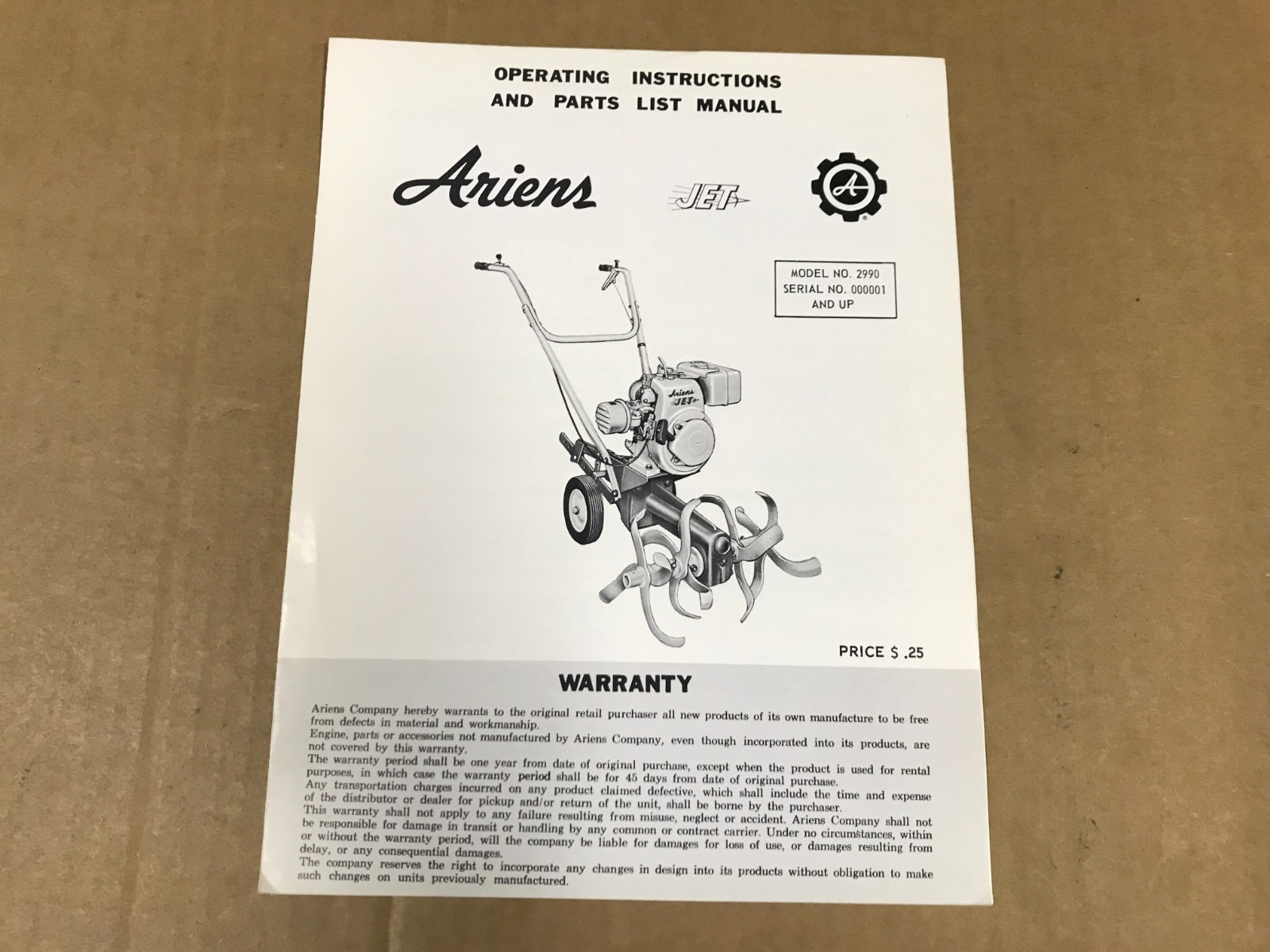 Vintage Ariens Jet Rotary Tiller Operating Instructions & Parts List Manual,2990