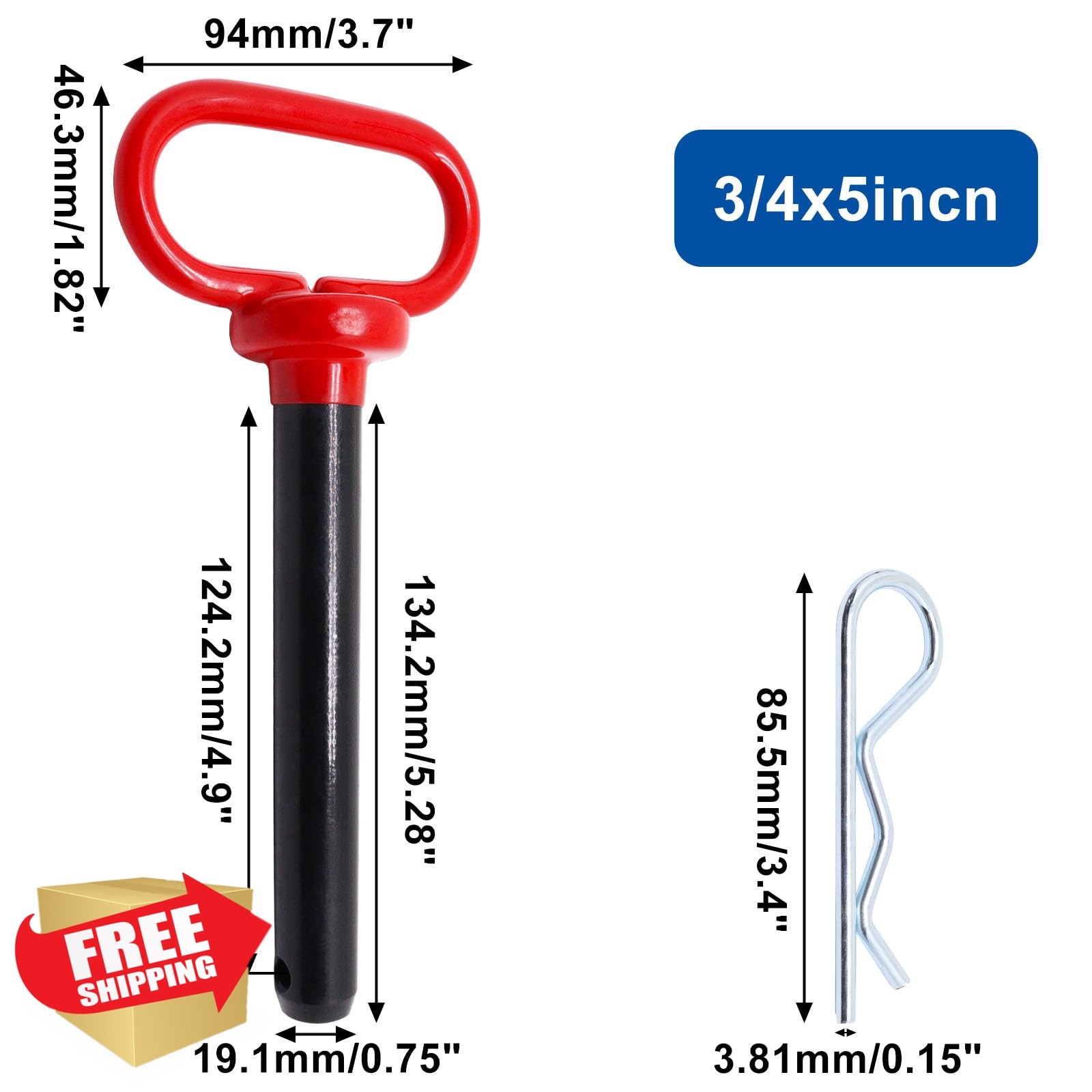 YuGtcen Hitch Pin 3/4 x 5 inch Red Handle Trailer Clip