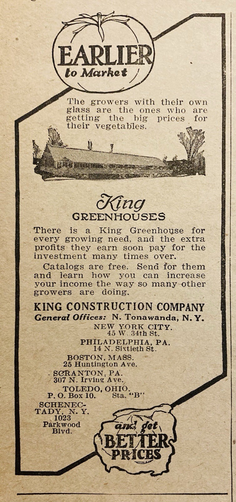 1929 AD.(XH86)~KING CONSTRUCTION CO. N. TONAWANDA, NY. KING GREENHOUSES