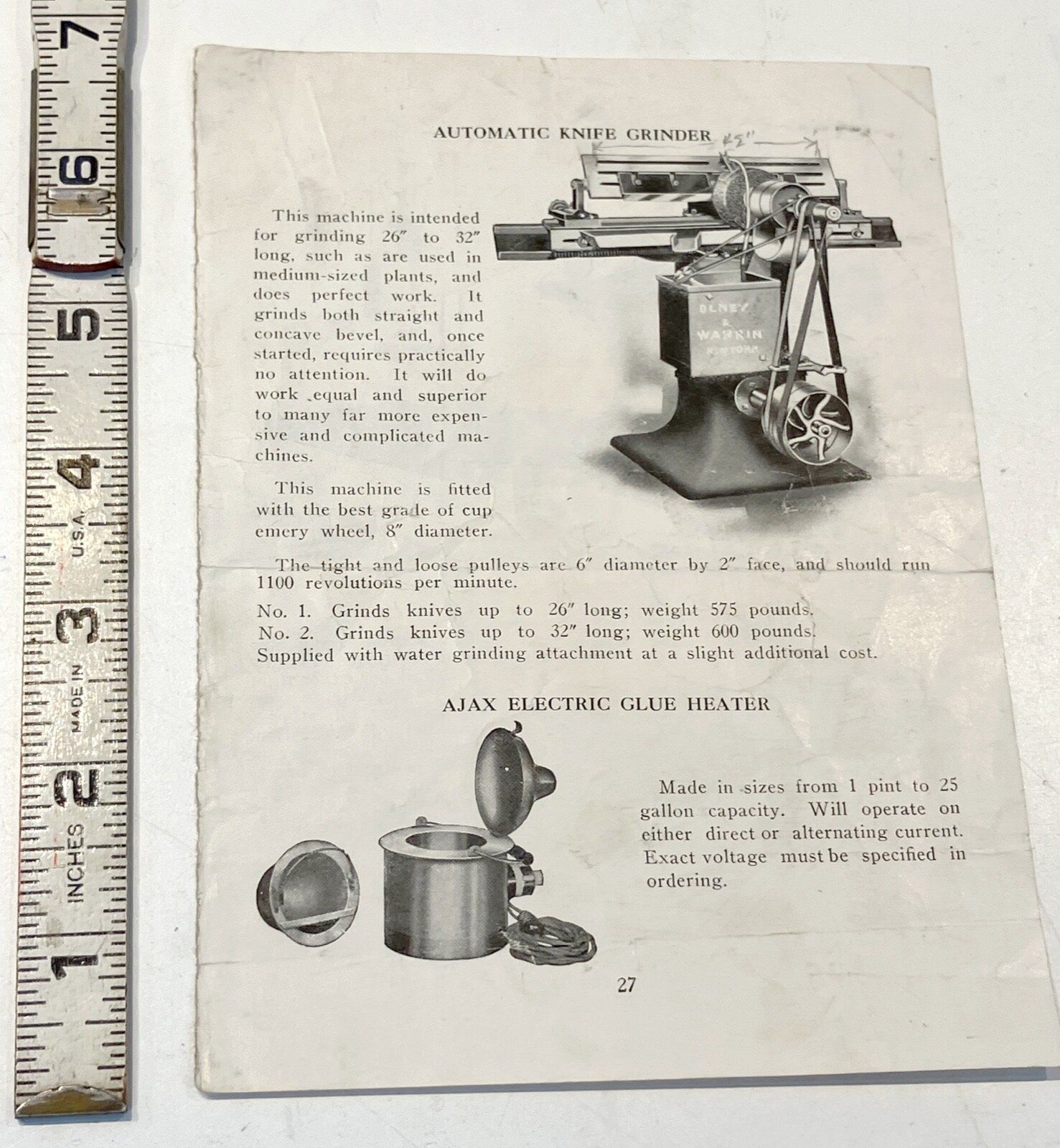 Antique paper flyer Ajax automatic knife grinder advertising Parker saW GUARD