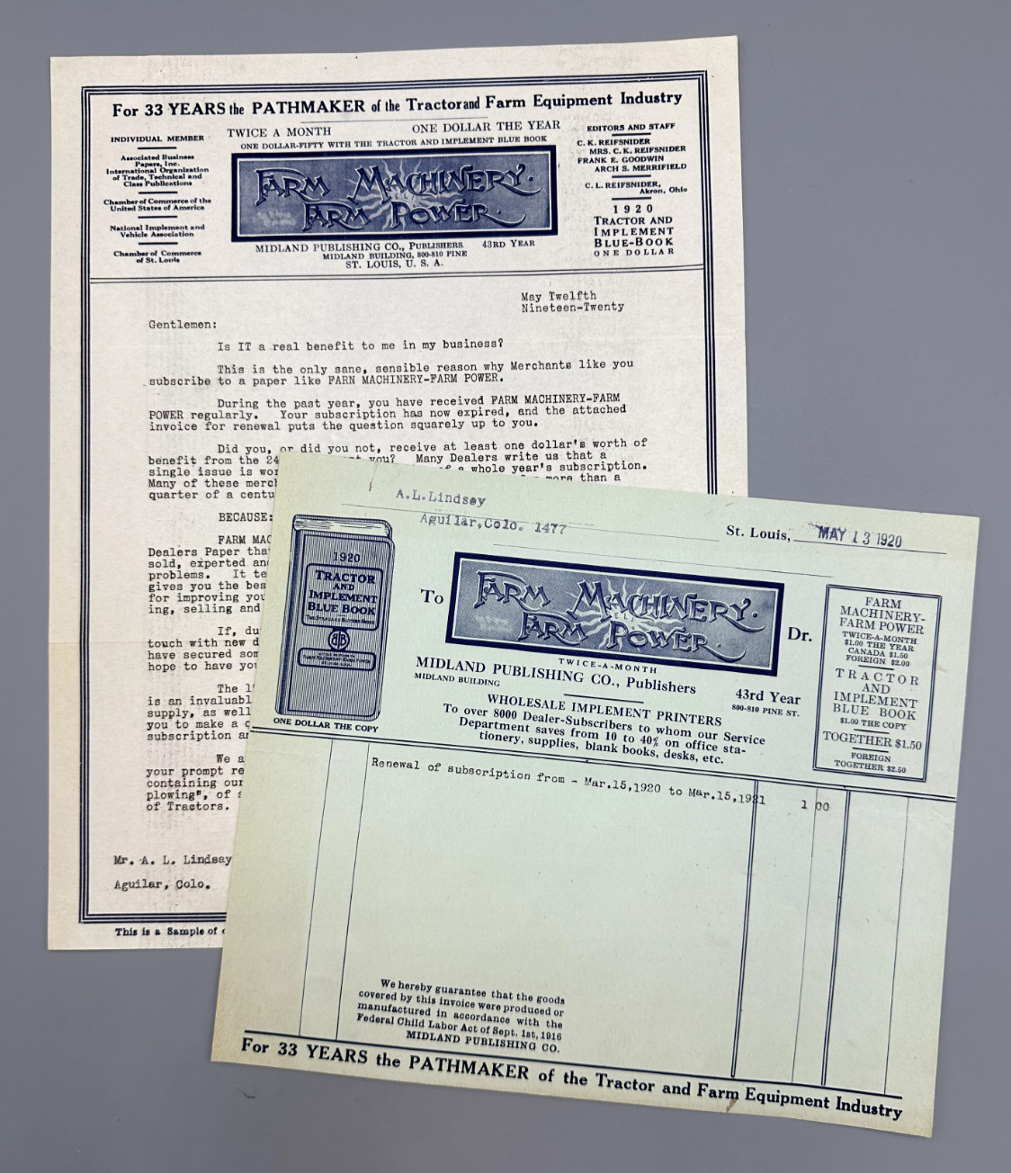 1920 FARM Machinery Power TRACTOR Magazine Advertising Letter Billhead Antique