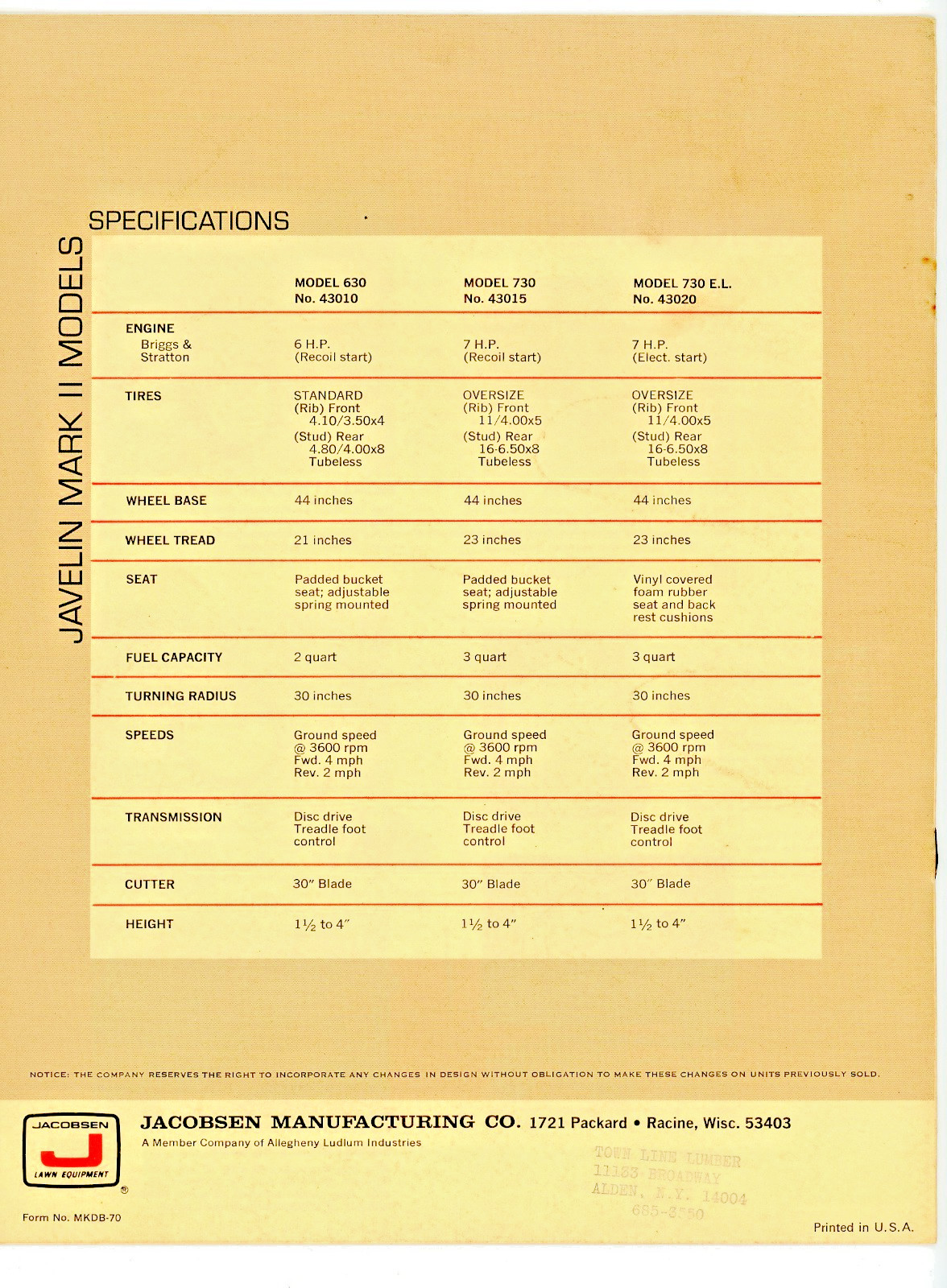 Jacobsen Javelin Mark II Mower 1970 brochure Jacobsen Man&rsquo;f Co Racine Wisc