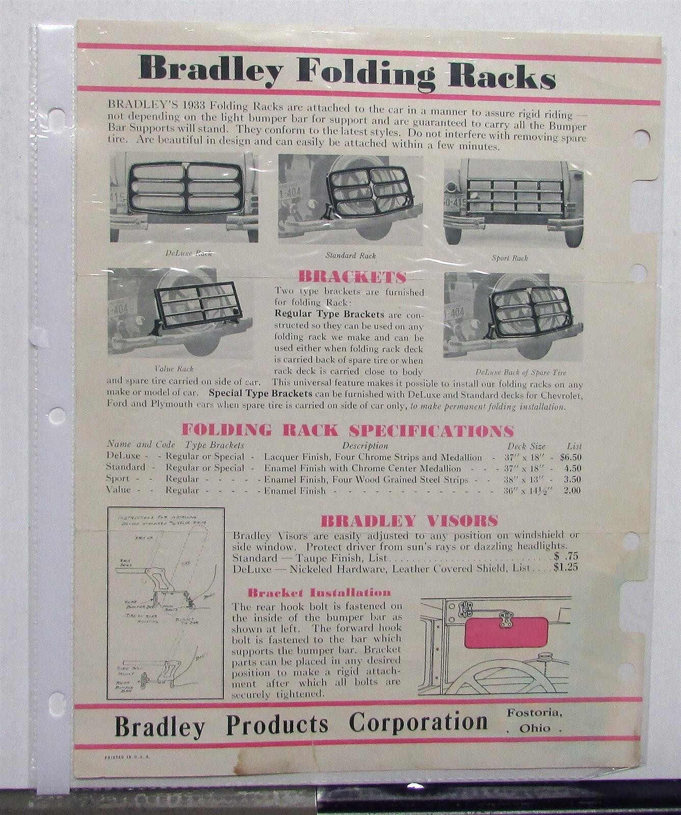 1933 Bradley Folding & Platform Racks Visors Specifications Sales Data Sheet