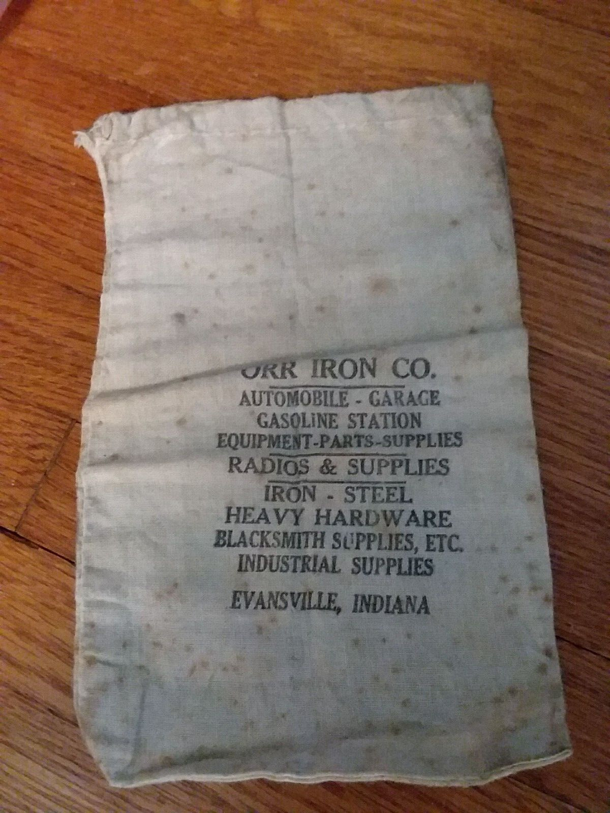 Vintage Evansville Indiana Cloth Bag Orr Iron Co Blacksmith Gas Auto Advertising