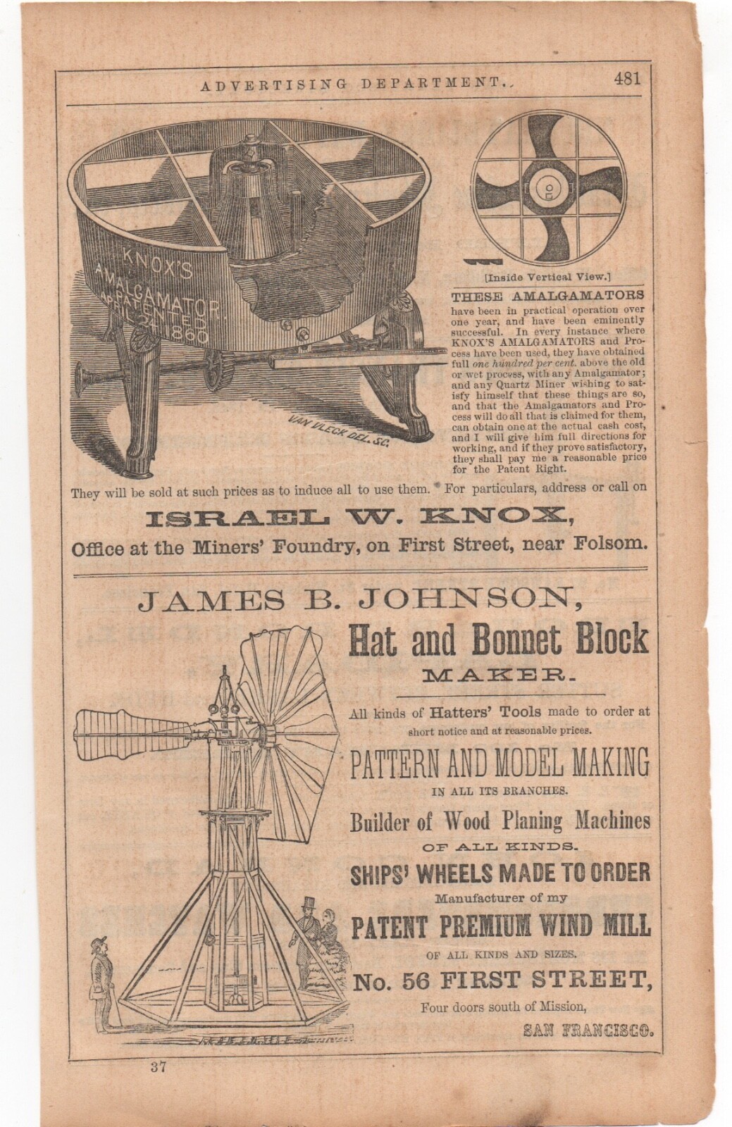 1870s Advertisement for James Johnson Maker of Ship&rsquo;s Wheels, Windmills SF CA
