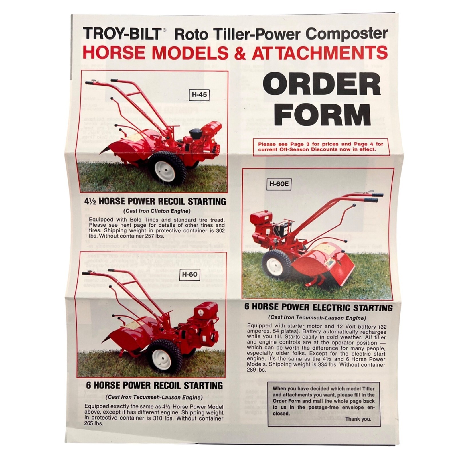 Troy-Bilt Vintage 1975 Garden Tiller Brochure Set With Order Form & Envelopes