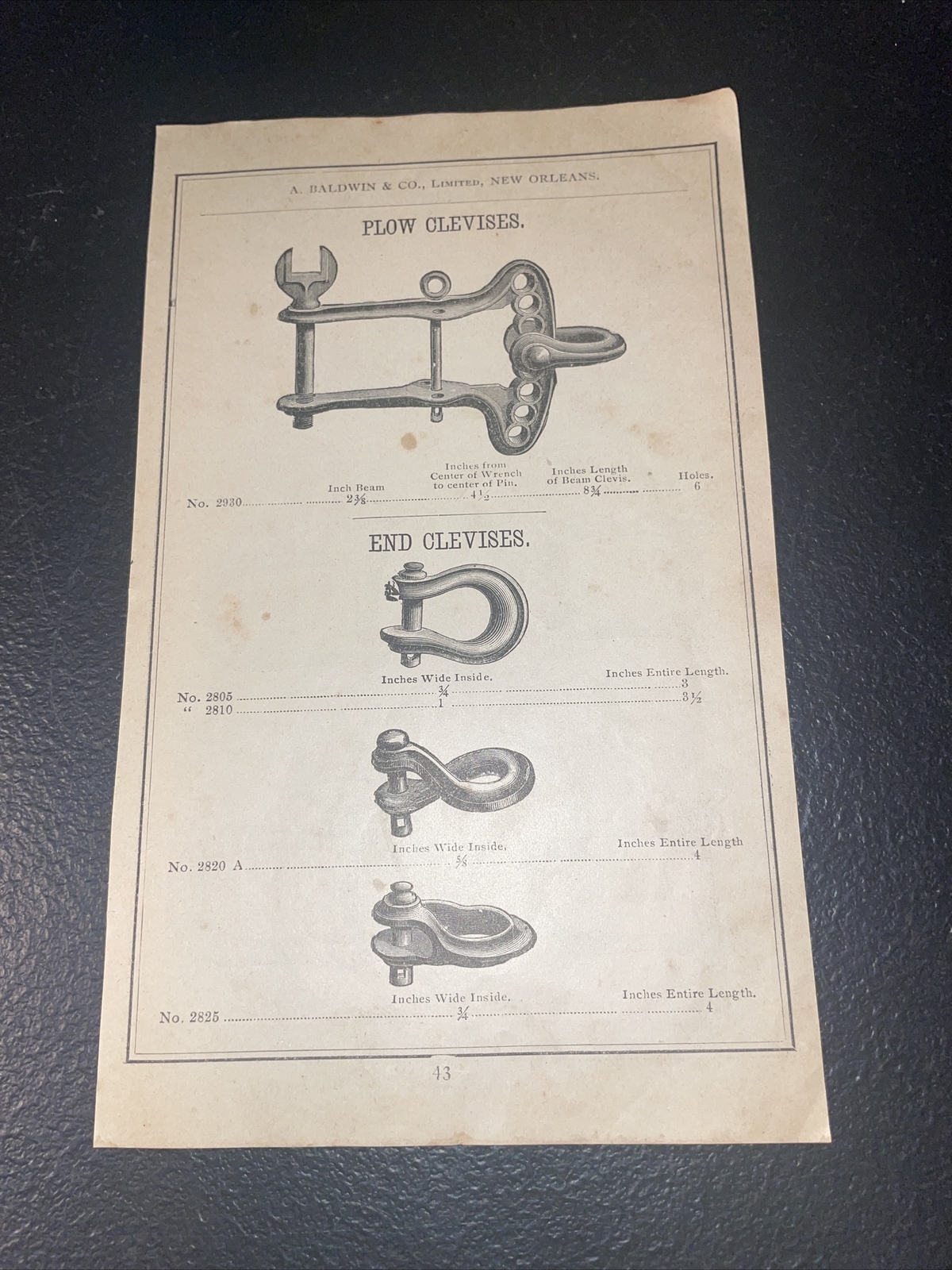 1891 Baldwin – Plow Clevises Farm Advertising – New Orleans – Louisiana