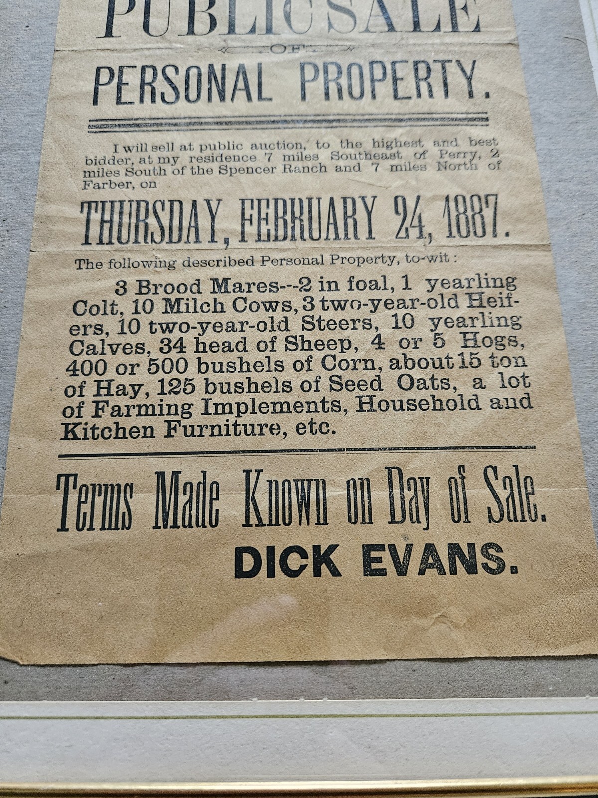 1887 Hand Bill Flyer Farm Auction Dick Evans Michigan Live Stock Equipment