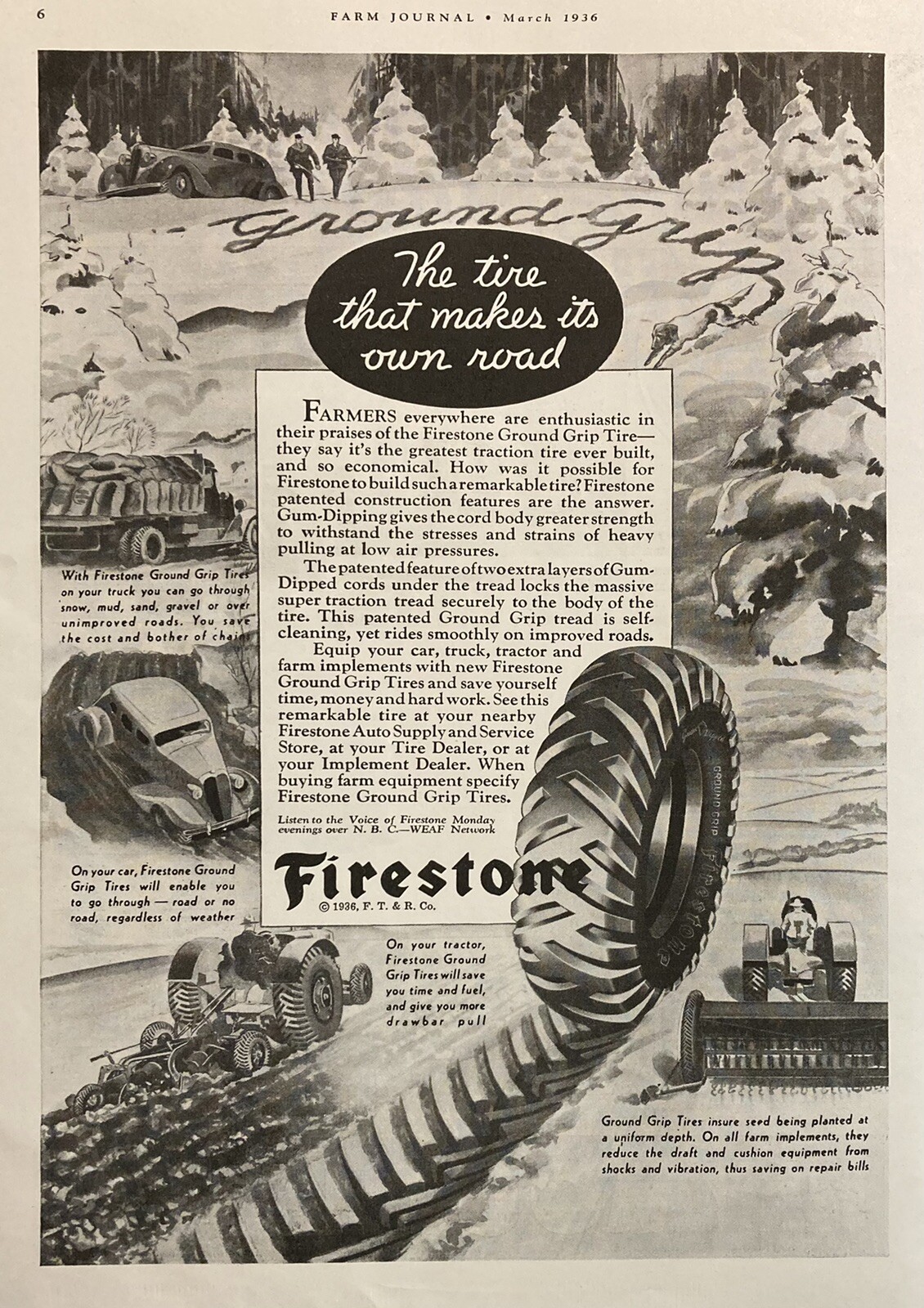 1936 AD.(XH61)~FIRESTONE TIRE & RUBBER CO. GROUND GRIP TIRES