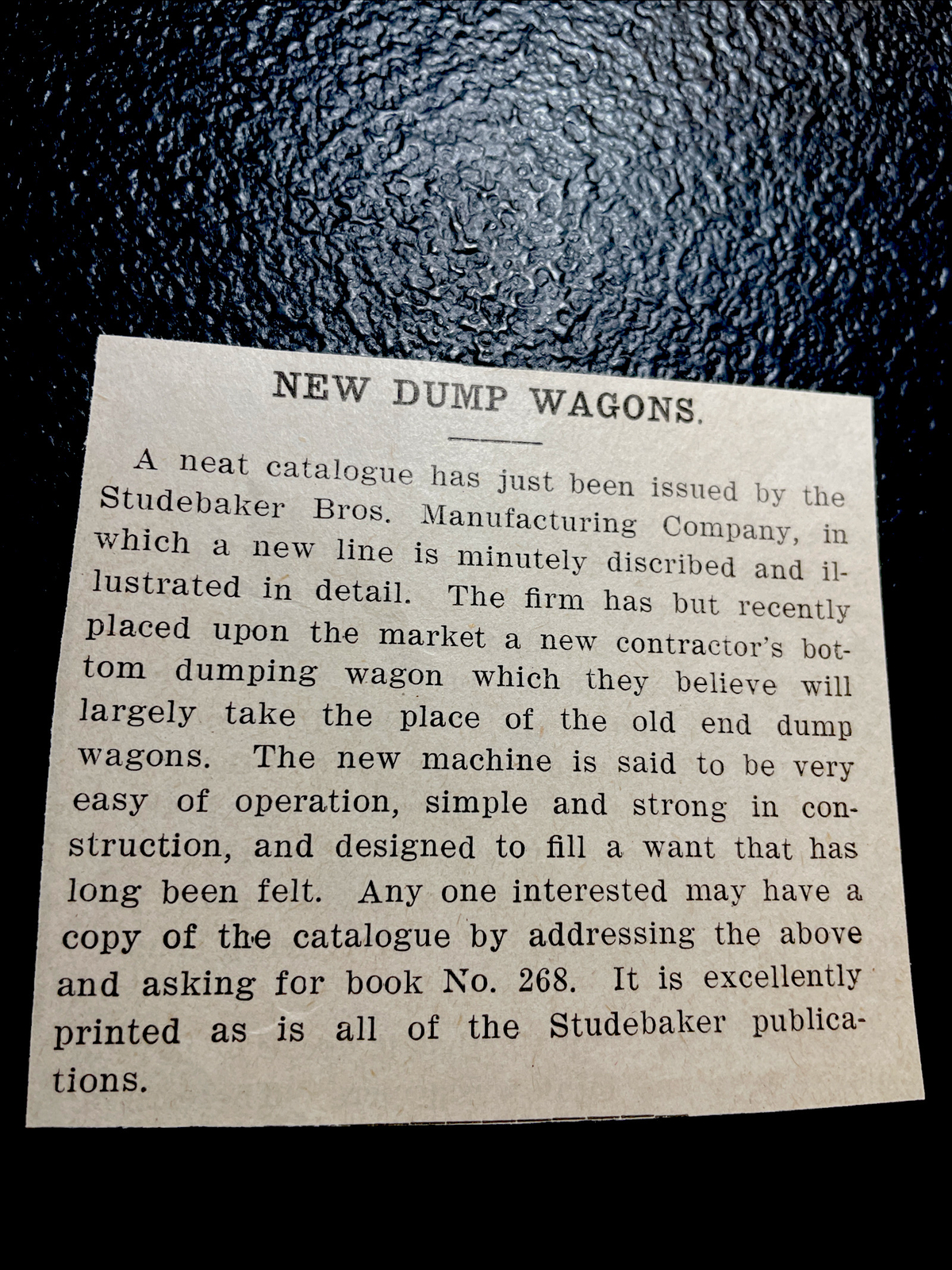 ORIGINAL 1907 Studebaker Bros. Dump Wagon Farm Advertising Article
