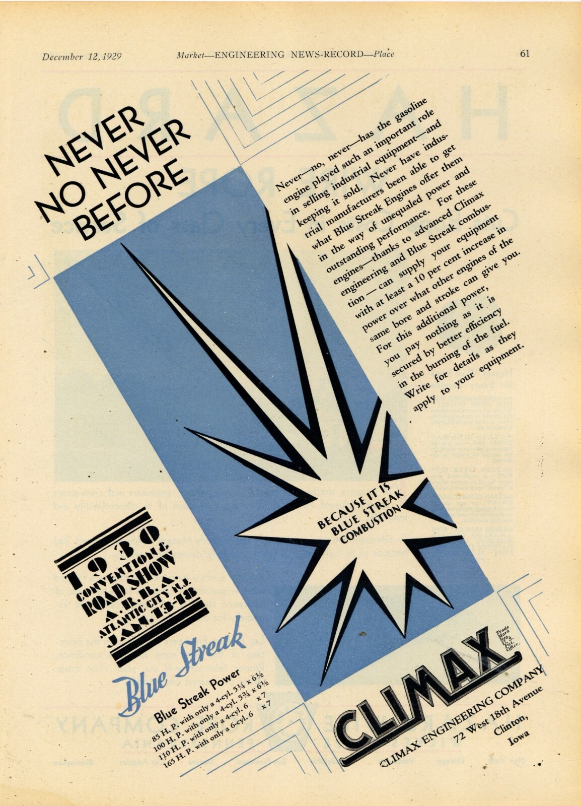 1929 Climax Engineering Co. Ad: Climax Blue Streak Engines – Clinton, Iowa