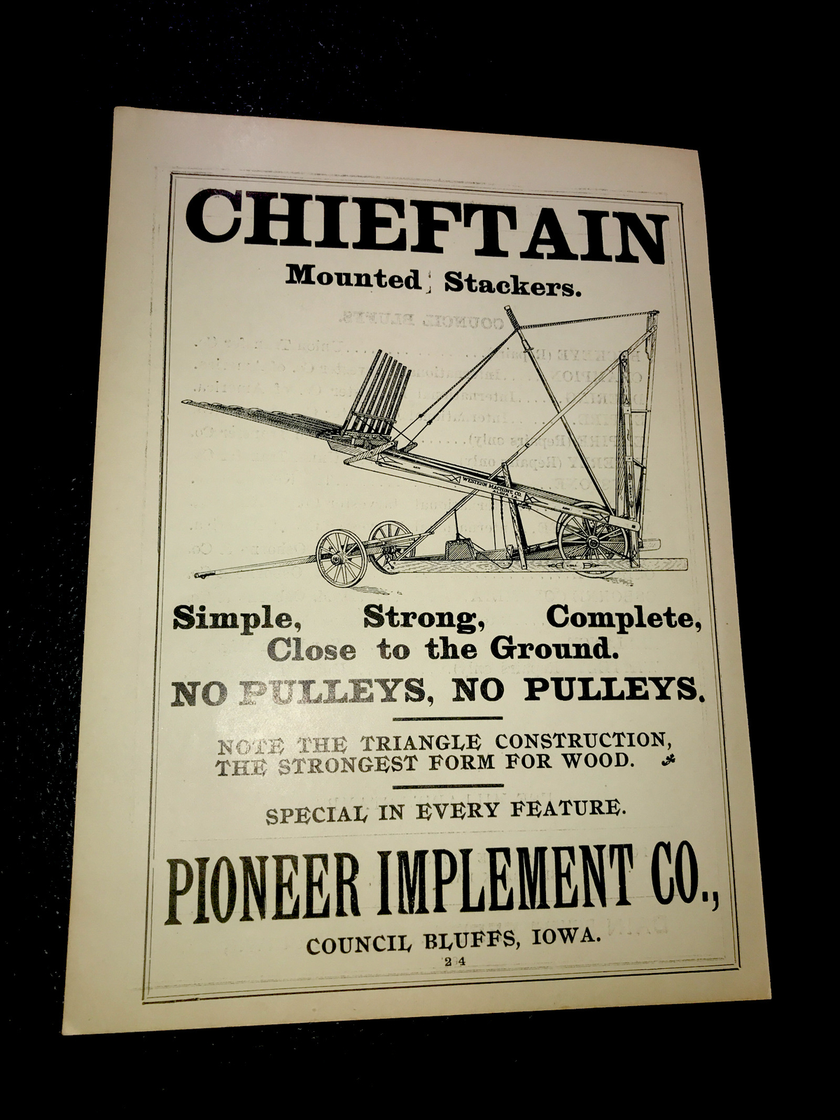 1905 Chieftain Stacker Farm Advertising – Pioneer Implement Council Bluffs Iowa
