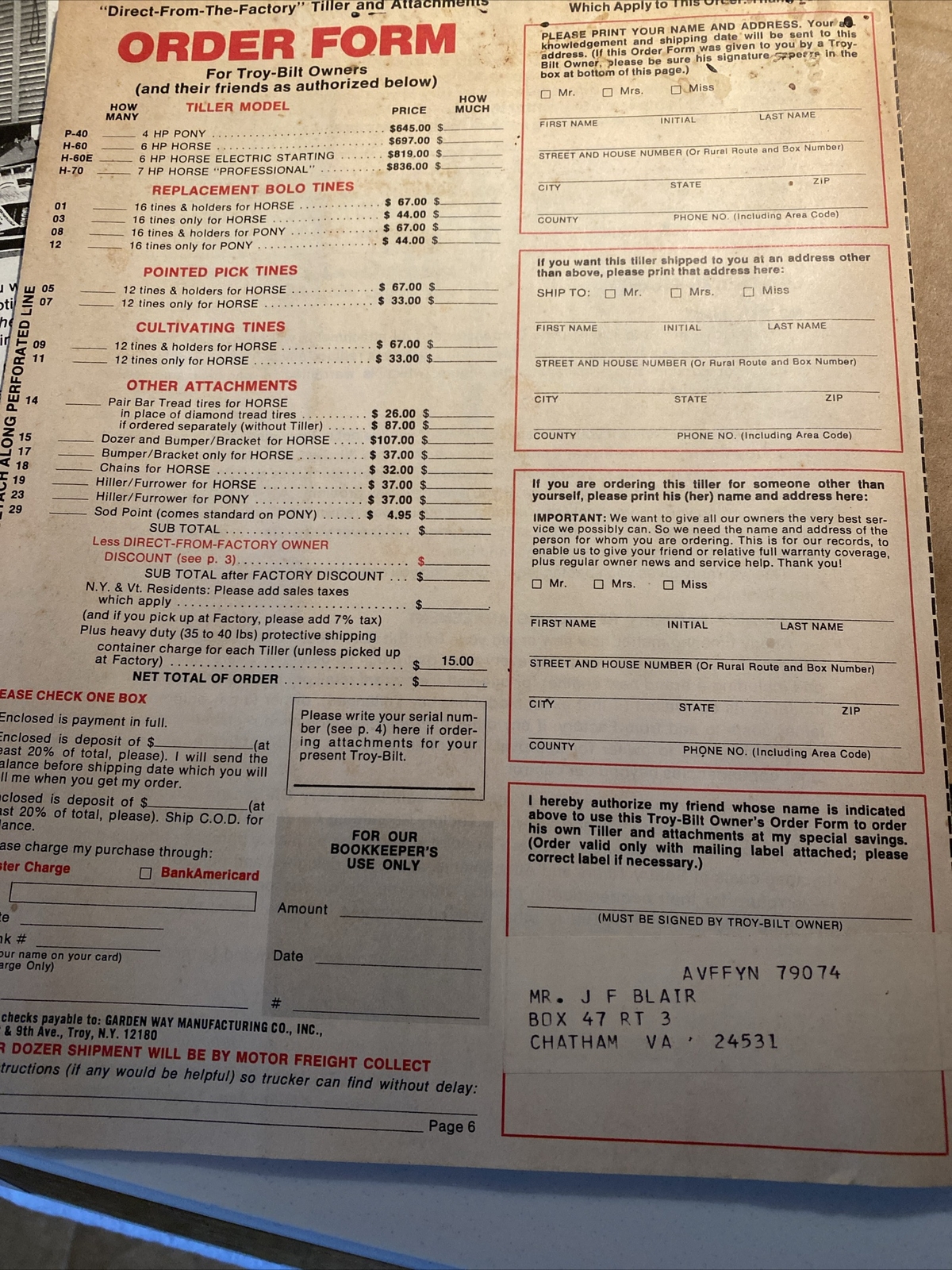 Troy-Bilt Roto Tiller & Attachments Advertisement Packet 1977 original, Letter,