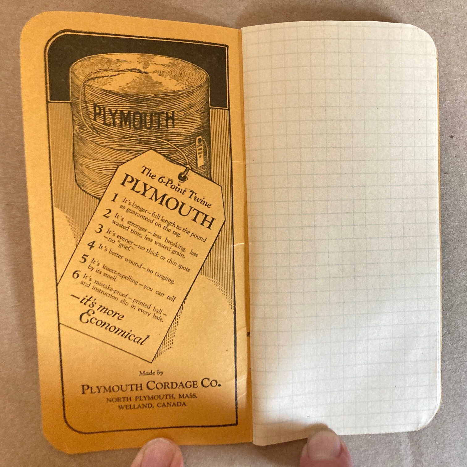 1929 NEW PLYMOUTH MASSACHUSETTS CORDAGE MANILA ROPE BINDER TWINE PROMO NOTEBOOK