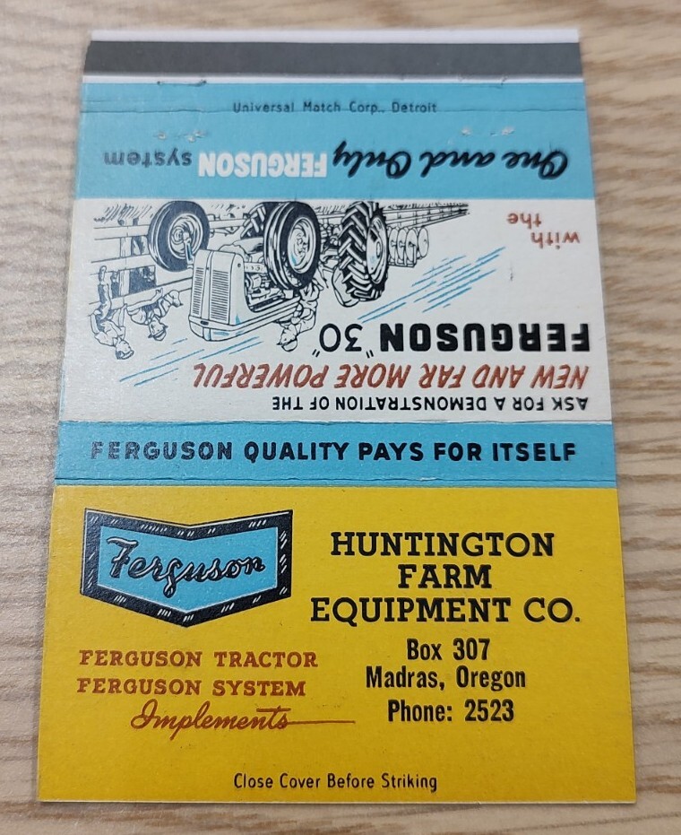 Madras Oregon Huntington Farm Equipment Co. Ferguson Tractor Matchbook Cover